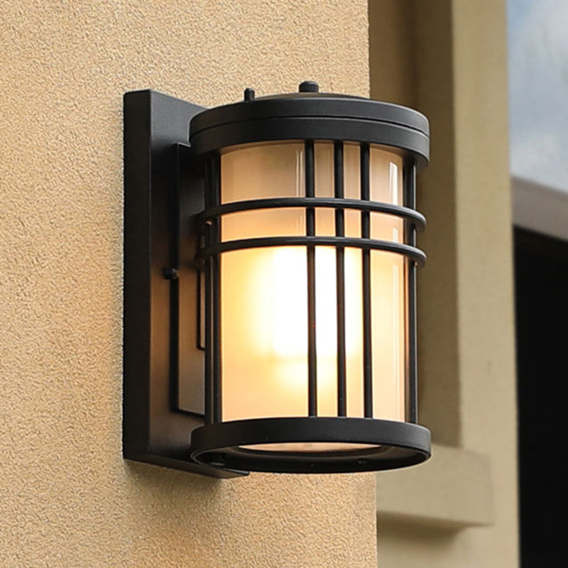 Minimalist Cylindrical Wall Sconce Opal Frosted Glass 1-Bulb Courtyard Wall Lamp in Black