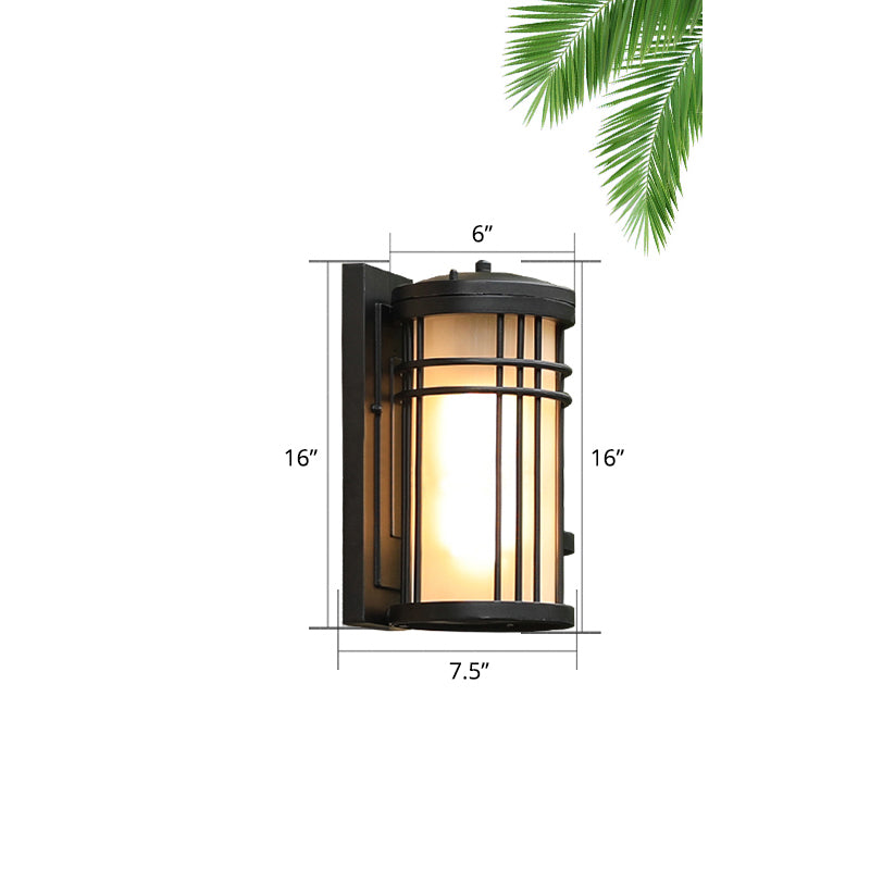 Minimalist Cylindrical Wall Sconce Opal Frosted Glass 1-Bulb Courtyard Wall Lamp in Black