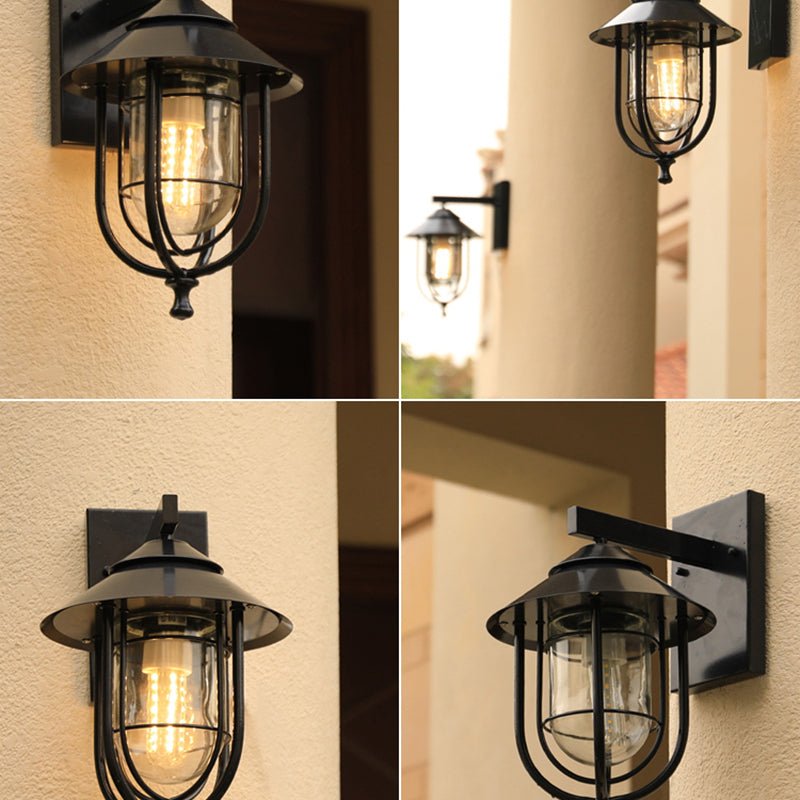 Caged Glass Wall Mounted Lighting Rustic 1 Bulb Outdoor Wall Sconce Light in Black