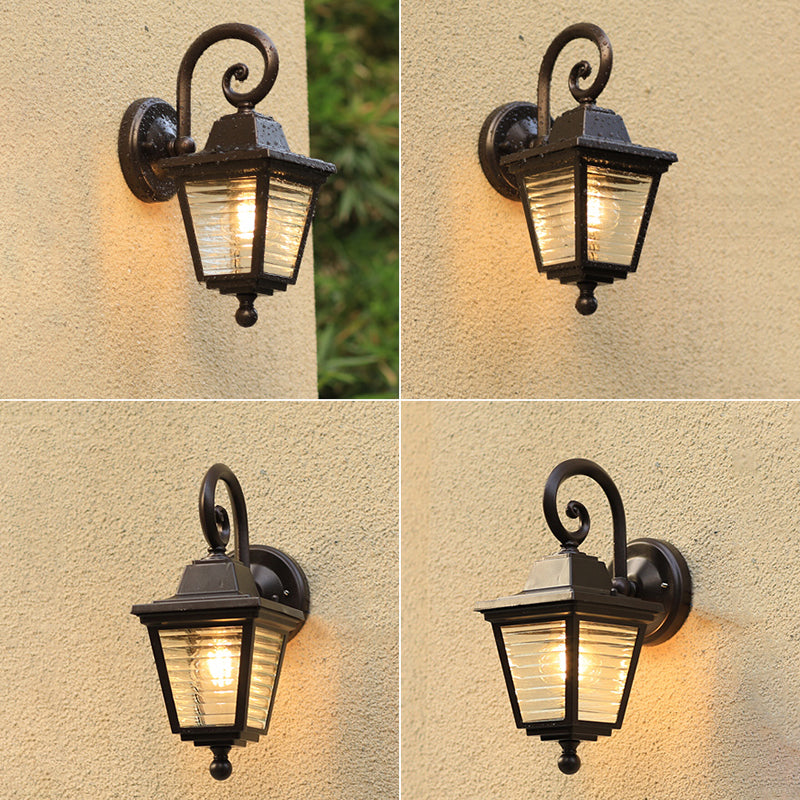 Trapezoid Ribbed Glass Lantern Sconce Minimalist Single Gate Wall Mount Lamp in Black