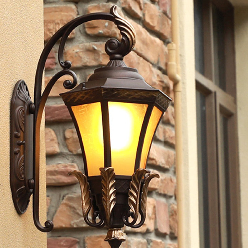 1-Light Amber Glass Wall Lamp Vintage Black Flared Villa Garden Wall Sconce Light