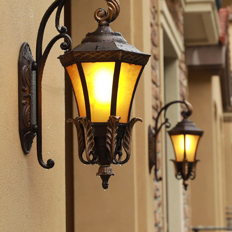 1-Light Amber Glass Wall Lamp Vintage Black Flared Villa Garden Wall Sconce Light