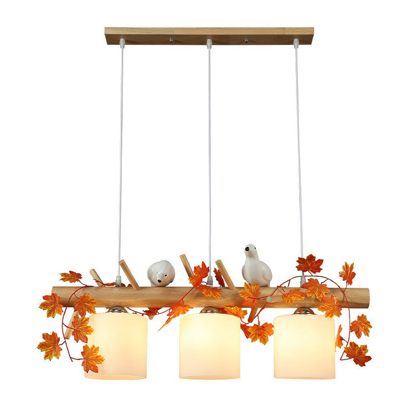 Milk Glass Cylindrical Island Lamp Country Style Restaurant Suspension Light with Resin Bird Deco