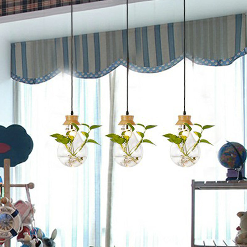 Hydroponic Plant Pendant Lamp Nordic Teardrop Shaped Clear Glass Suspension Light in Black