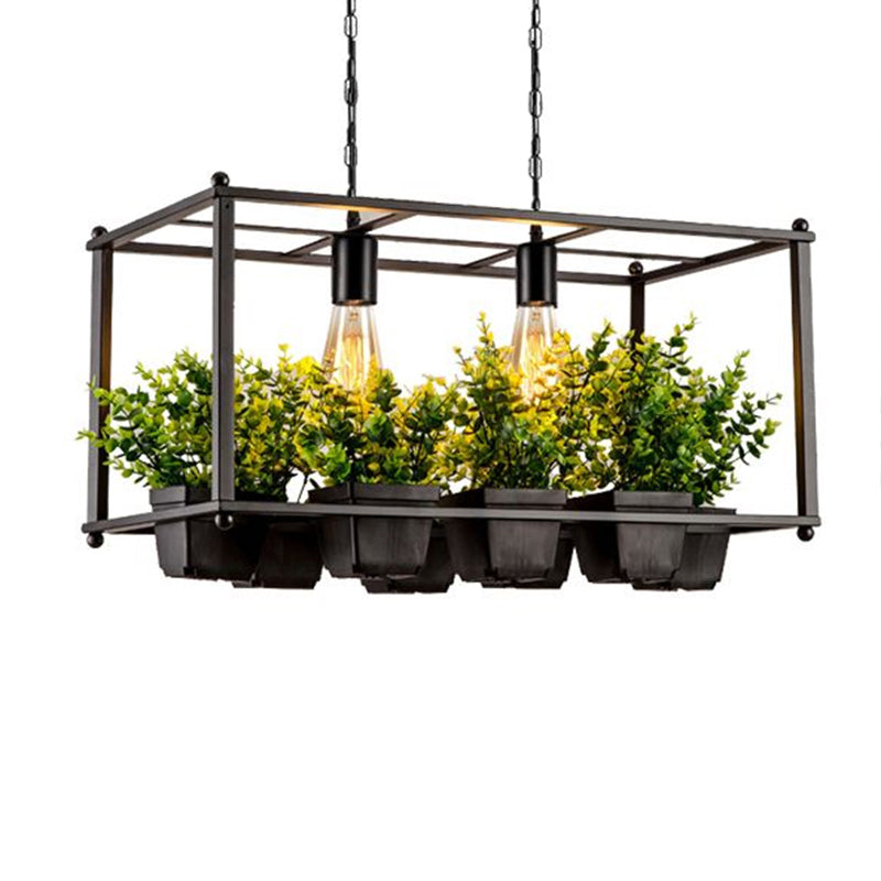 Metal Rectangular Cage Island Light Industrial 2-Bulb Living Room Pendant Light with Fake Plant Pot in Green