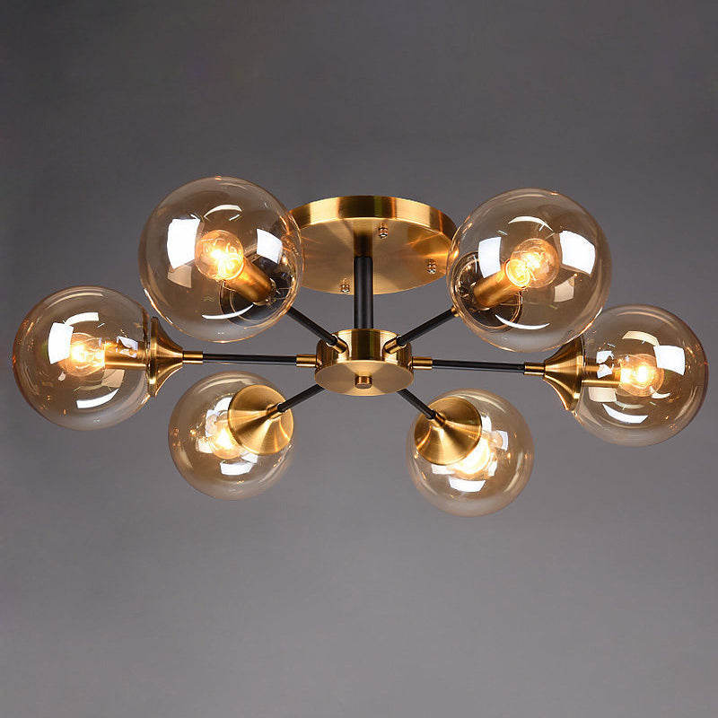 Lámpara de techo radial con acabado de latón, iluminación semimontada de metal posmoderno con pantalla de cristal esférica