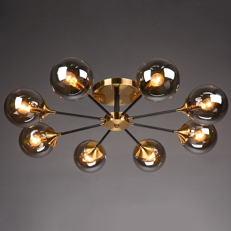 Lámpara de techo radial con acabado de latón, iluminación semimontada de metal posmoderno con pantalla de cristal esférica