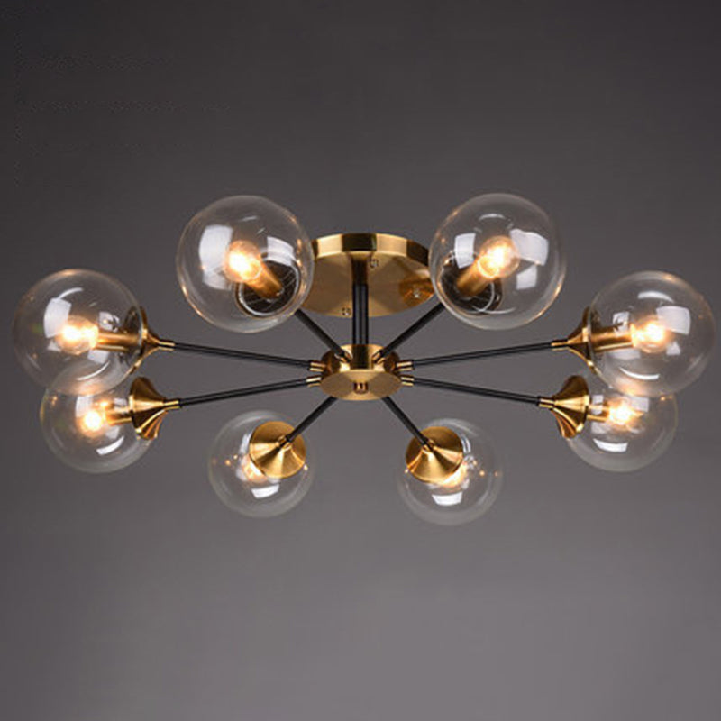 Lámpara de techo radial con acabado de latón, iluminación semimontada de metal posmoderno con pantalla de cristal esférica