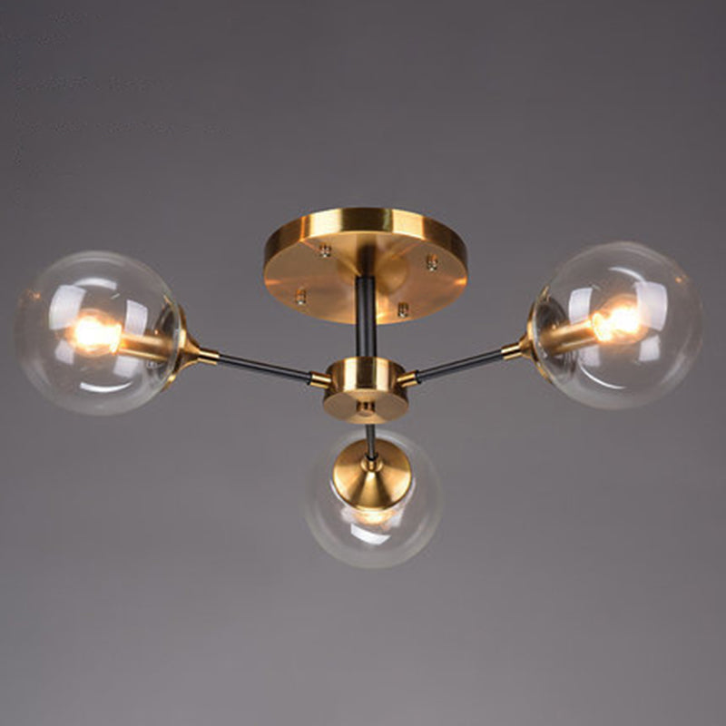 Lámpara de techo radial con acabado de latón, iluminación semimontada de metal posmoderno con pantalla de cristal esférica