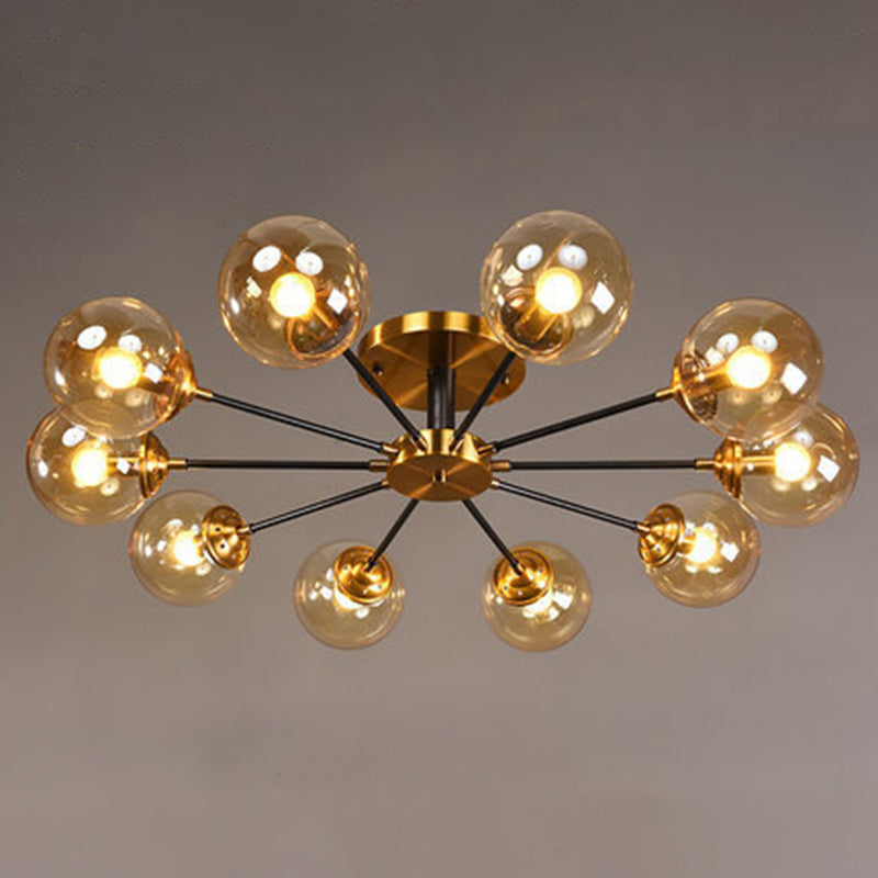 Lámpara de techo radial con acabado de latón, iluminación semimontada de metal posmoderno con pantalla de cristal esférica