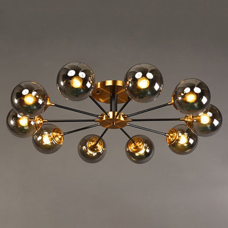Lámpara de techo radial con acabado de latón, iluminación semimontada de metal posmoderno con pantalla de cristal esférica