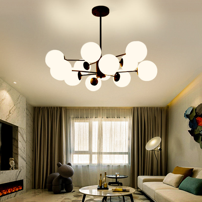 Frosted White Glass Ball Chandelier Postmodern Style Suspension Light with Burst Design