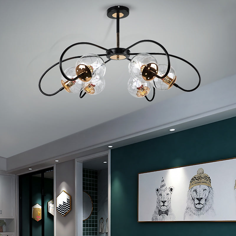 Black Floral Swirl Chandelier Minimalist Clear Ball Glass Pendant Light for Living Room