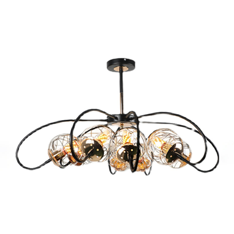 Black Floral Swirl Chandelier Minimalist Clear Ball Glass Pendant Light for Living Room