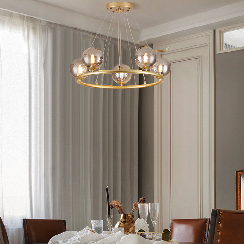 Circular Metal Pendant Chandelier Postmodern Suspension Light Fixture with Ball Glass Shade