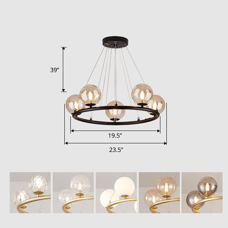 Circular Metal Pendant Chandelier Postmodern Suspension Light Fixture with Ball Glass Shade