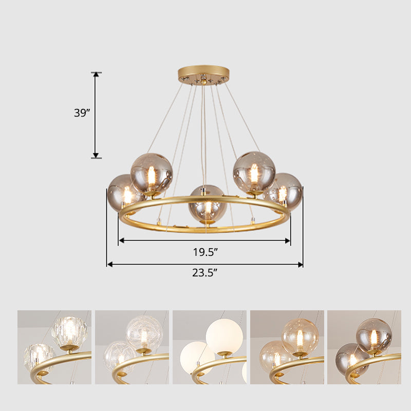 Circular Metal Pendant Chandelier Postmodern Suspension Light Fixture with Ball Glass Shade