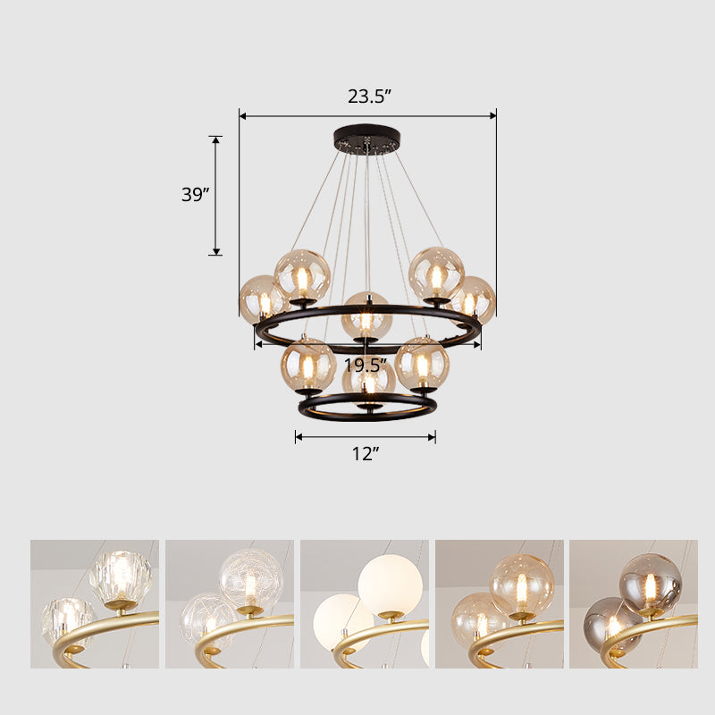 Circular Metal Pendant Chandelier Postmodern Suspension Light Fixture with Ball Glass Shade