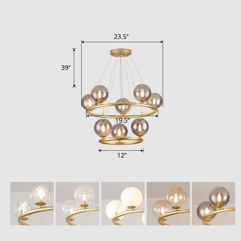 Circular Metal Pendant Chandelier Postmodern Suspension Light Fixture with Ball Glass Shade