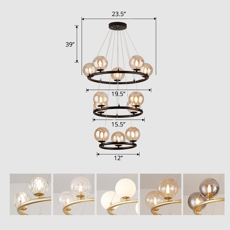 Circular Metal Pendant Chandelier Postmodern Suspension Light Fixture with Ball Glass Shade