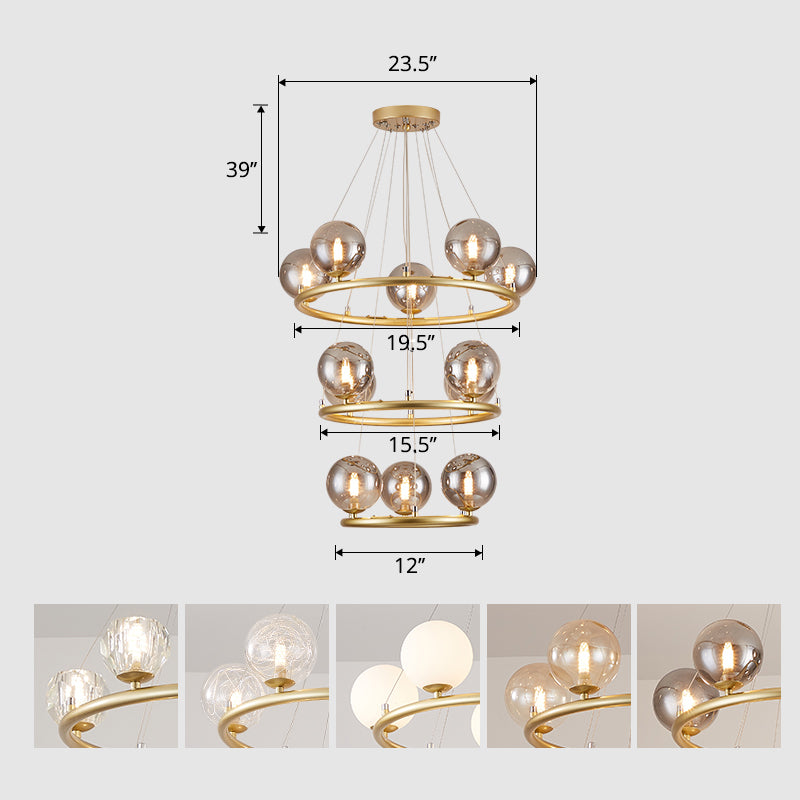Circular Metal Pendant Chandelier Postmodern Suspension Light Fixture with Ball Glass Shade