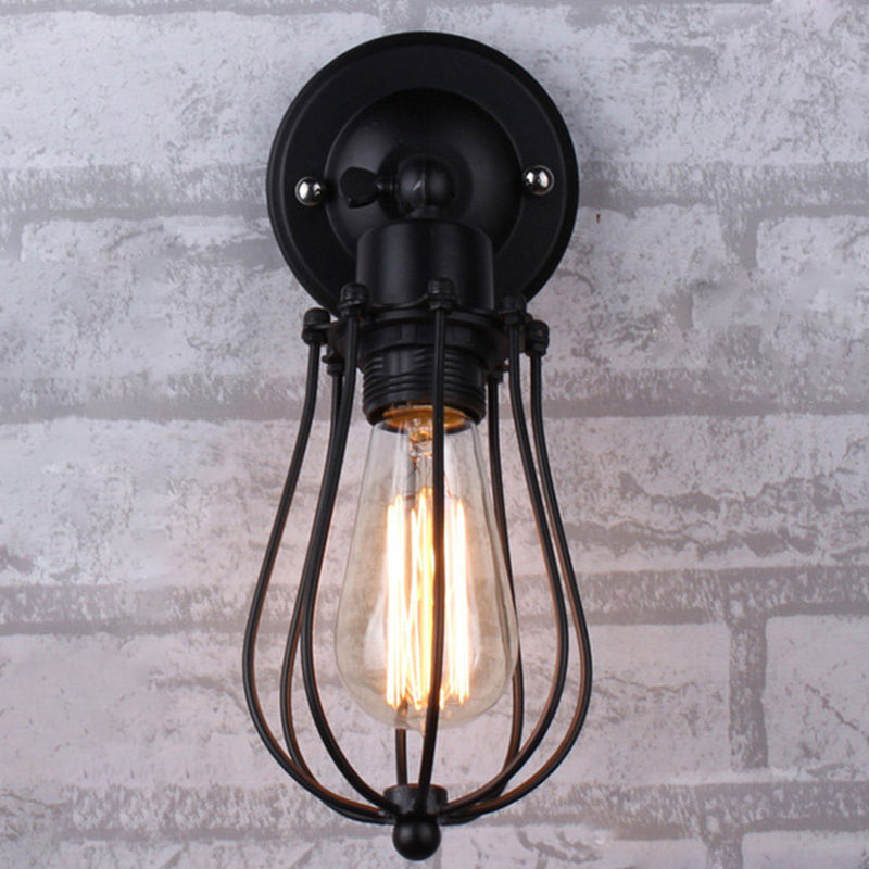 Bulb Shaped Cage Iron Wall Lamp Industrial Bedroom Adjustable Reading Wall Light in Black