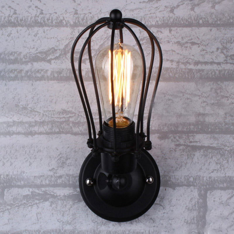 Bulb Shaped Cage Iron Wall Lamp Industrial Bedroom Adjustable Reading Wall Light in Black