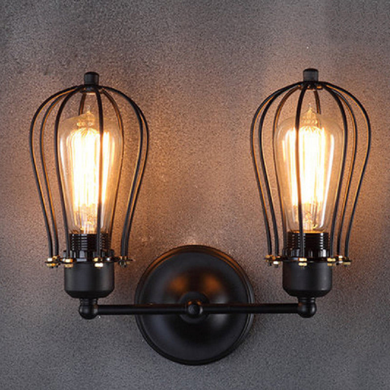 Bulb Shaped Cage Iron Wall Lamp Industrial Bedroom Adjustable Reading Wall Light in Black