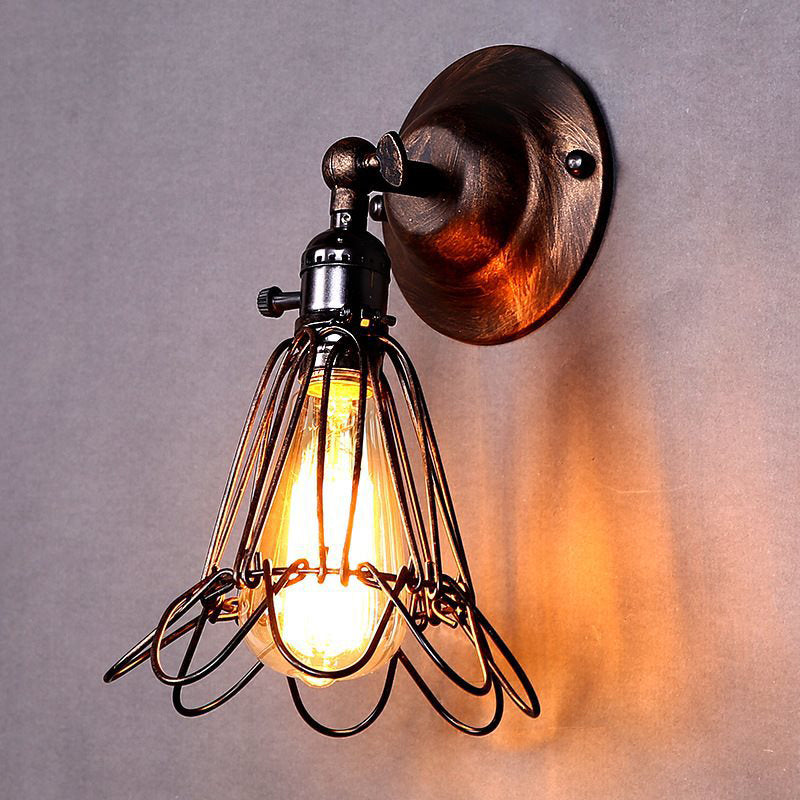 Rotatable Bronze 1-Light Sconce Lamp Industrial Iron Cage Style Floral Wall Mount Light for Bar