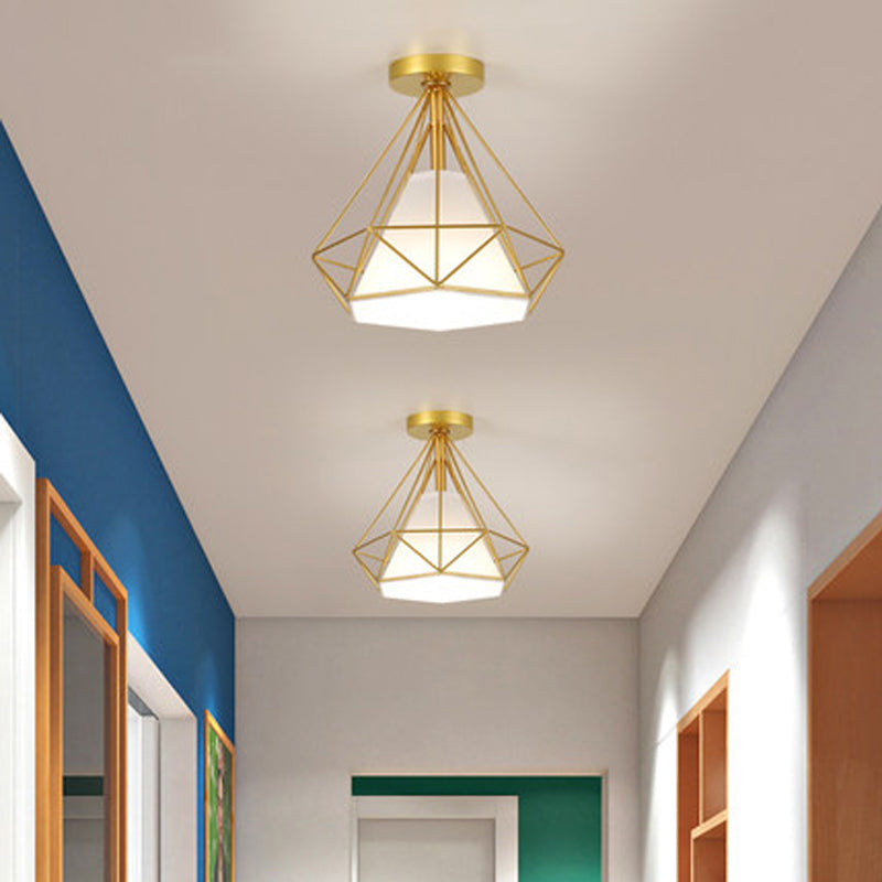 Einzel-Bulb-Diamant Deckenlampe Vintage Metall Halbmontage Beleuchtung mit Stoffschatten im Inneren