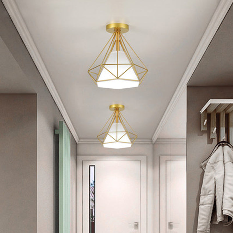 Einzel-Bulb-Diamant Deckenlampe Vintage Metall Halbmontage Beleuchtung mit Stoffschatten im Inneren