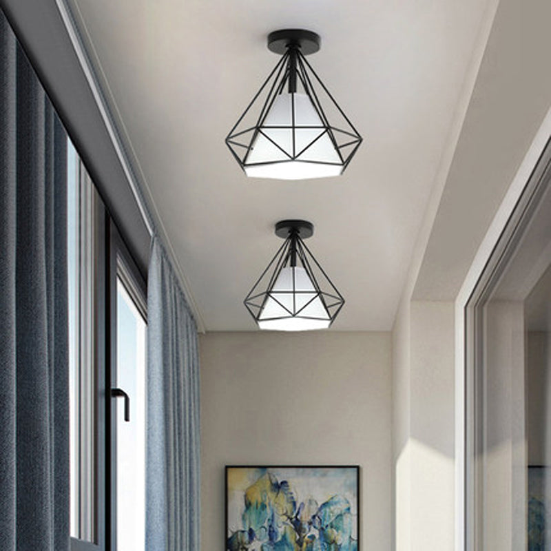 Einzel-Bulb-Diamant Deckenlampe Vintage Metall Halbmontage Beleuchtung mit Stoffschatten im Inneren