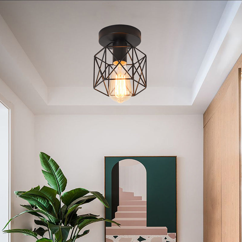 Hexagonal Balcony Ceiling Light Industrial Iron 1-Bulb Semi Flush Mount Light Fixture