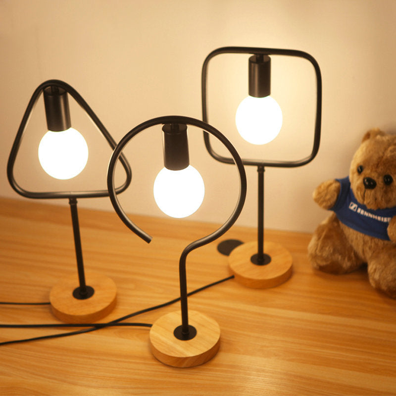 Geometric Frame Metal Table Lamp Industrial Single Bedside Night Light with Round Wooden Base