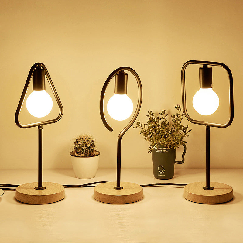 Geometric Frame Metal Table Lamp Industrial Single Bedside Night Light with Round Wooden Base