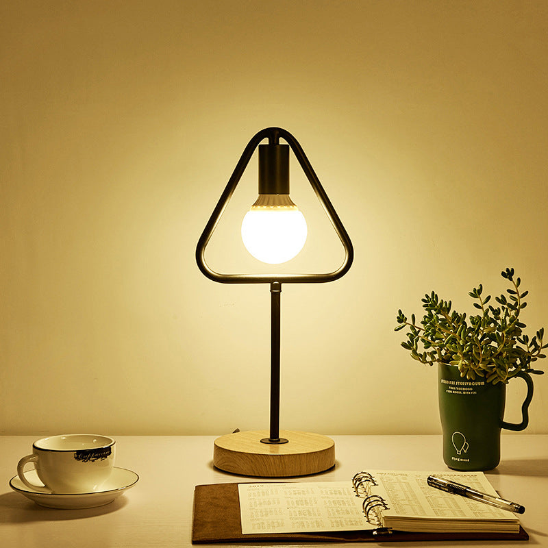 Geometric Frame Metal Table Lamp Industrial Single Bedside Night Light with Round Wooden Base