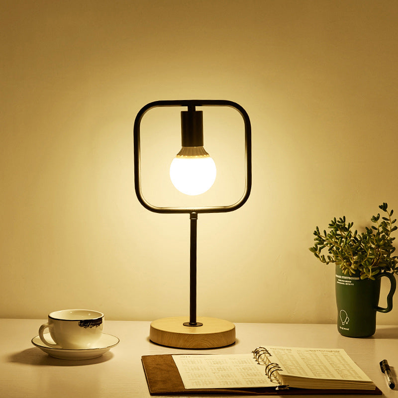 Geometric Frame Metal Table Lamp Industrial Single Bedside Night Light with Round Wooden Base
