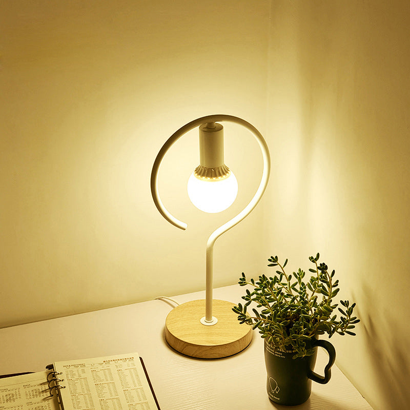 Geometric Frame Metal Table Lamp Industrial Single Bedside Night Light with Round Wooden Base