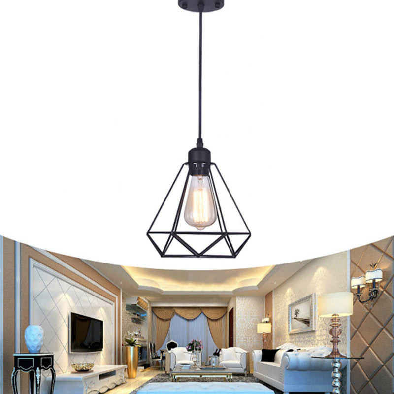 Black Diamond Cage Pendant Lamp Retro Iron 1 Head Bedroom Suspension Light Fixture