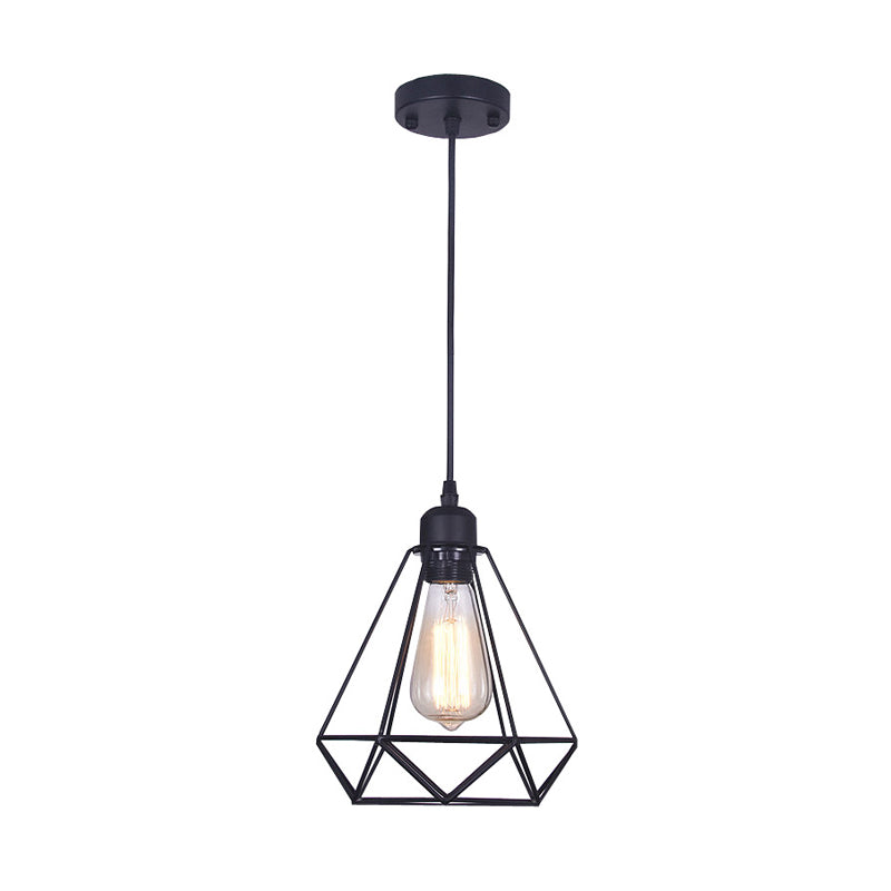Black Diamond Cage Pendant Lamp Retro Iron 1 Head Bedroom Suspension Light Fixture