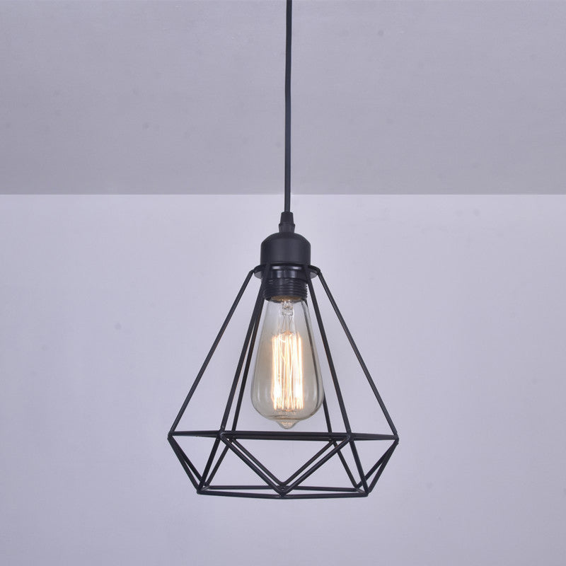 Black Diamond Cage Pendant Lamp Retro Iron 1 Head Bedroom Suspension Light Fixture
