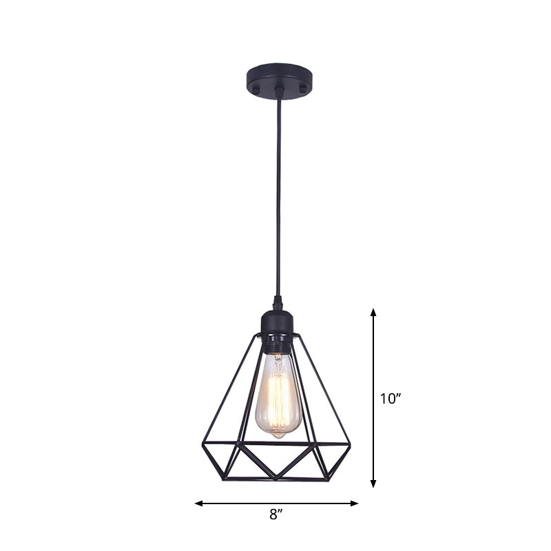 Black Diamond Cage Pendant Lamp Retro Iron 1 Head Bedroom Suspension Light Fixture