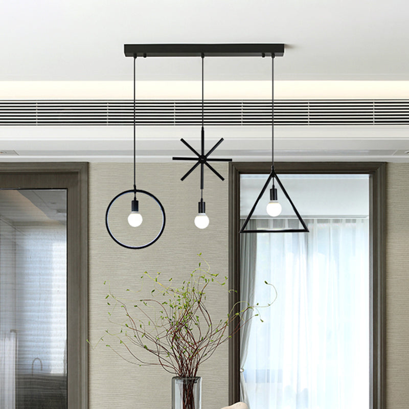 Iron Wire Frame Multi-Light Pendant Vintage 3-Light Dining Room Suspension Light in Black