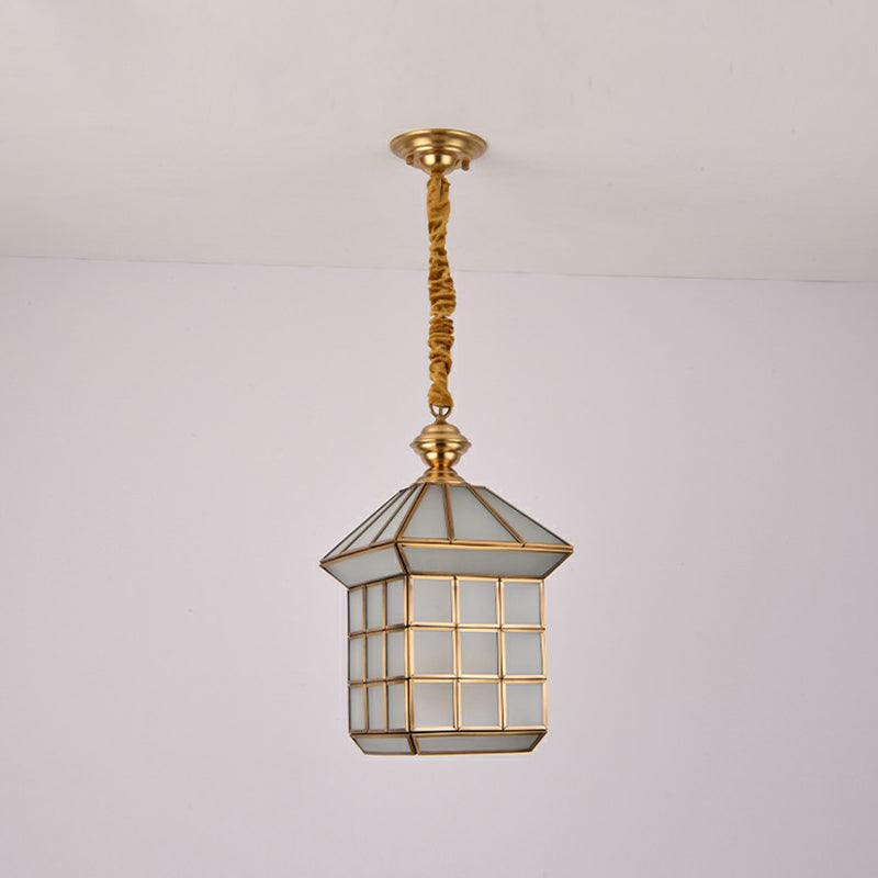 Huisvormige gang hanglamp vintage glas 1 bol messing hangende lamp