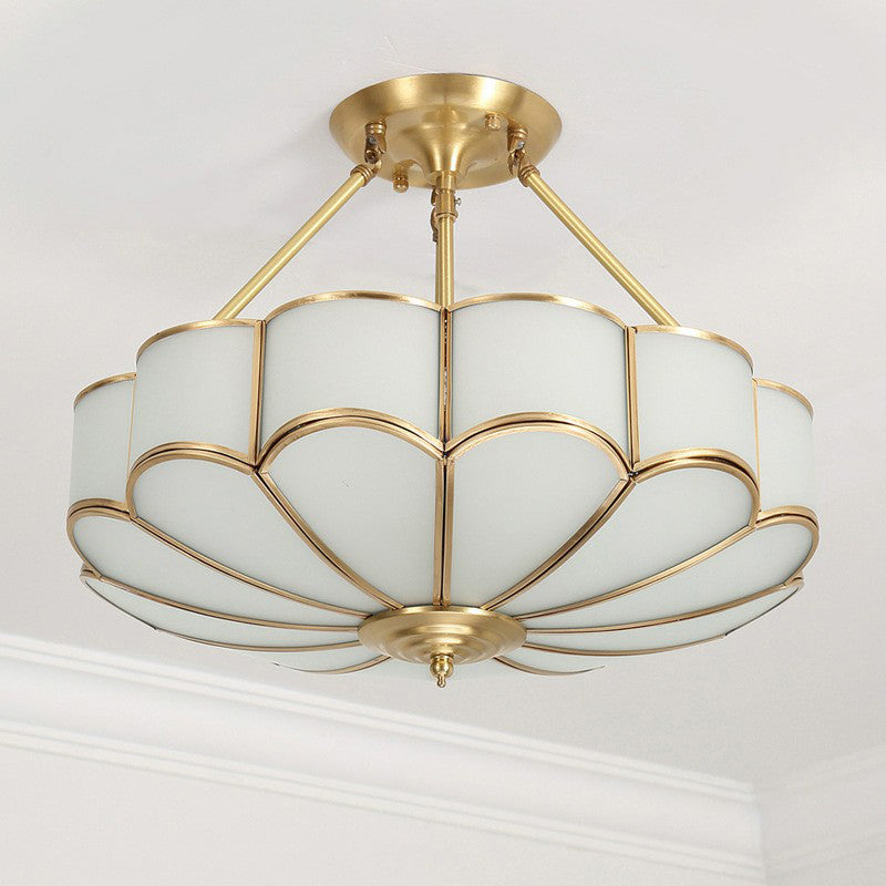 Cream Glass Flower Suspension Light Minimalist Bedroom Chandelier Pendant in Brass
