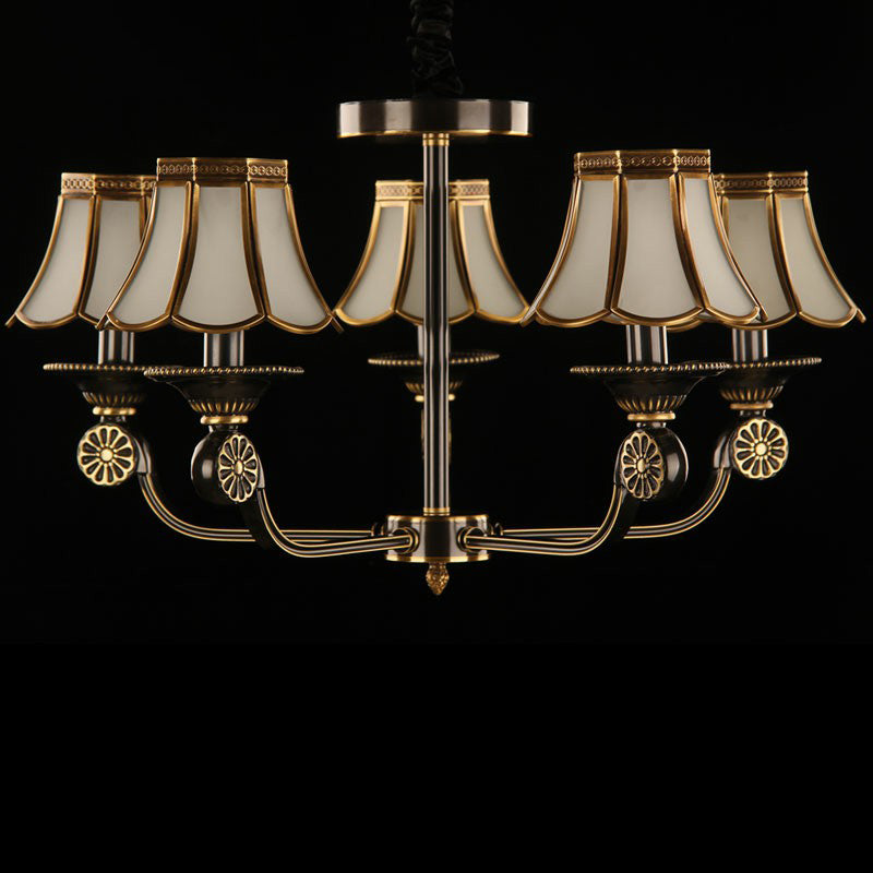Gold and Black Flared Chandelier Traditional Frosted Glass Bedroom Suspension Light Fixture