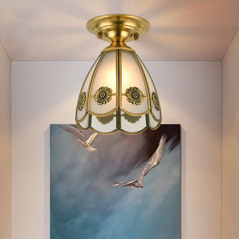 Brass Small Ceiling Flush Light Colonial Glass Balcony Flush Mount Lighting Fixture