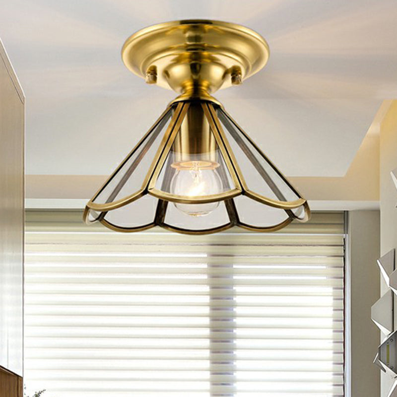 Brass Small Ceiling Flush Light Colonial Glass Balcony Flush Mount Lighting Fixture
