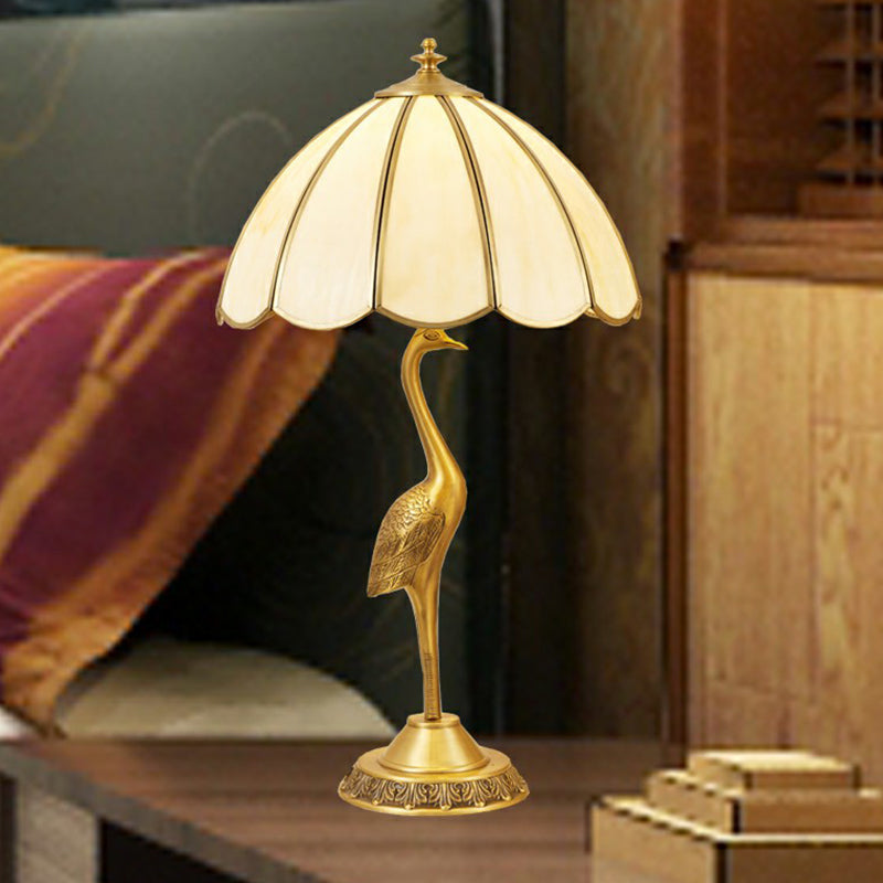 Brass 1-Head Table Light Retro Opal Glass Umbrella Shaped Nightstand Lamp with Halcyon Deco