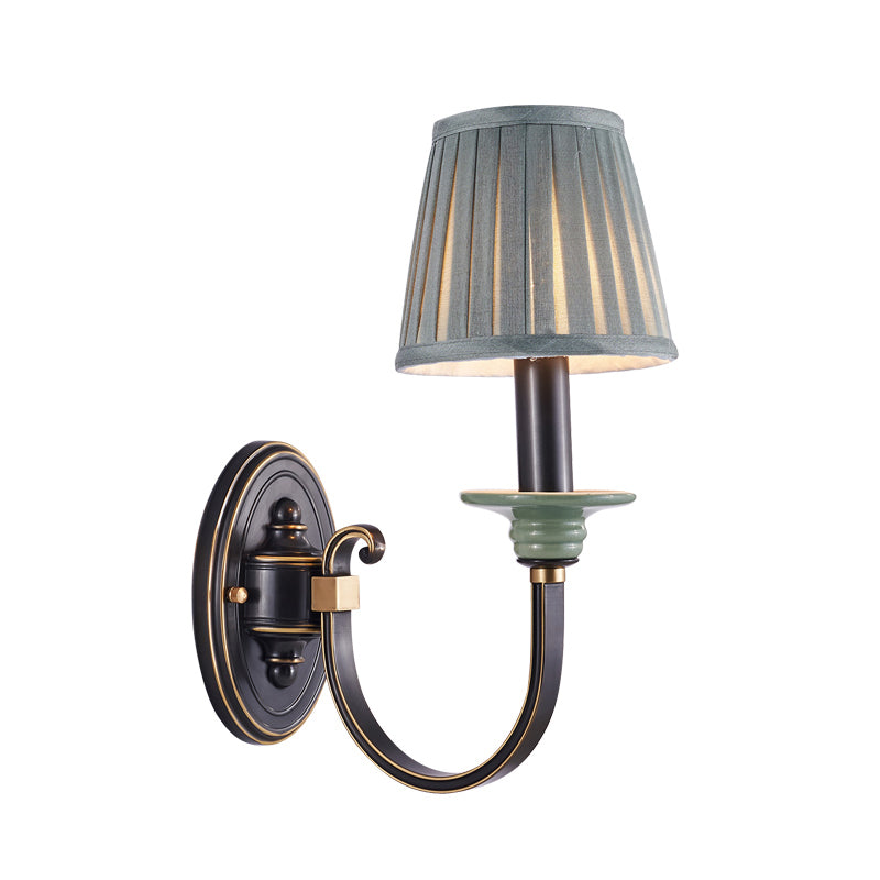 Metal Arched Wall Light Contemporary 1 Head Black Sconce with Tapered Pleated Fabric Shade